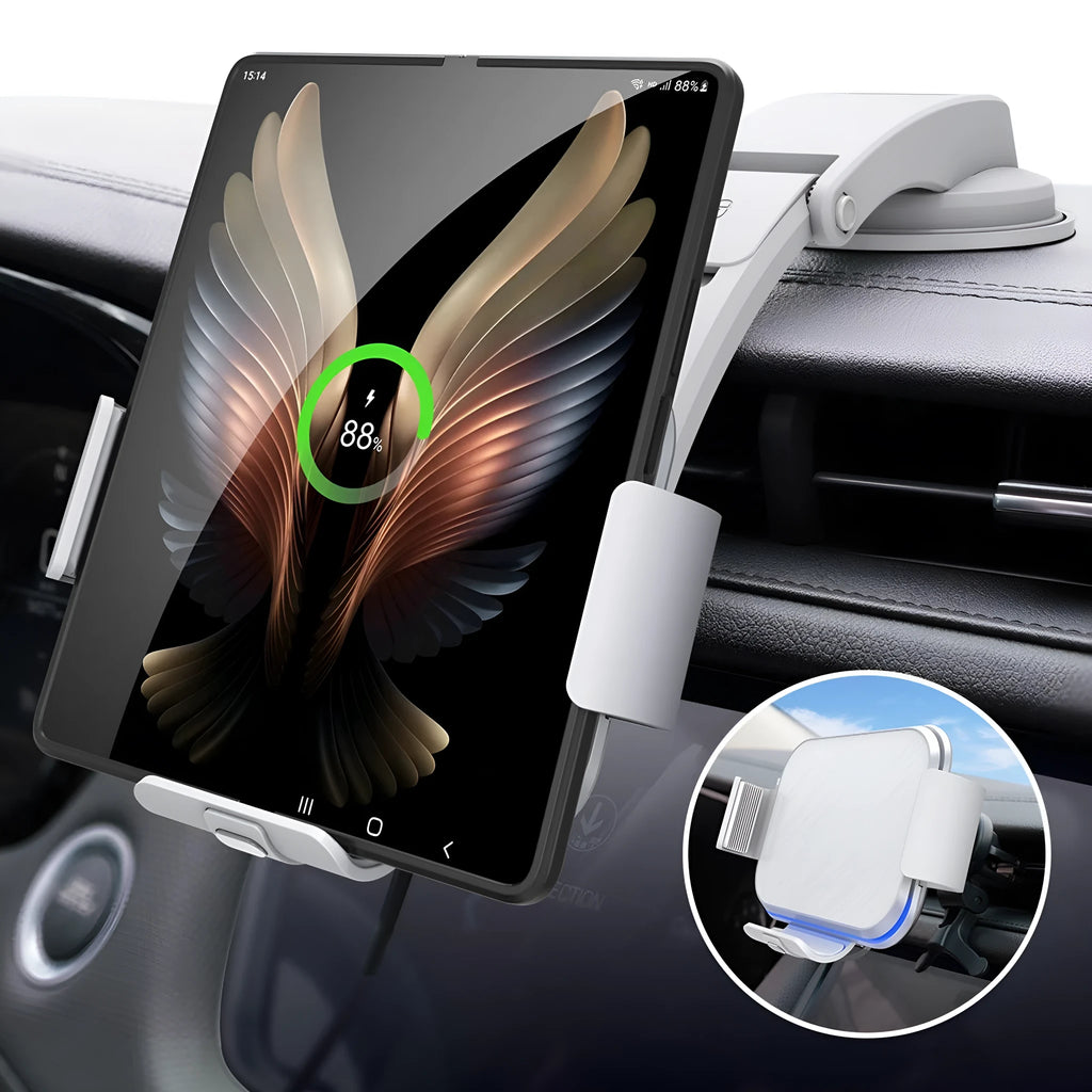 Grey wireless charging car phone holder with folding screen mounted on vehicle air vent