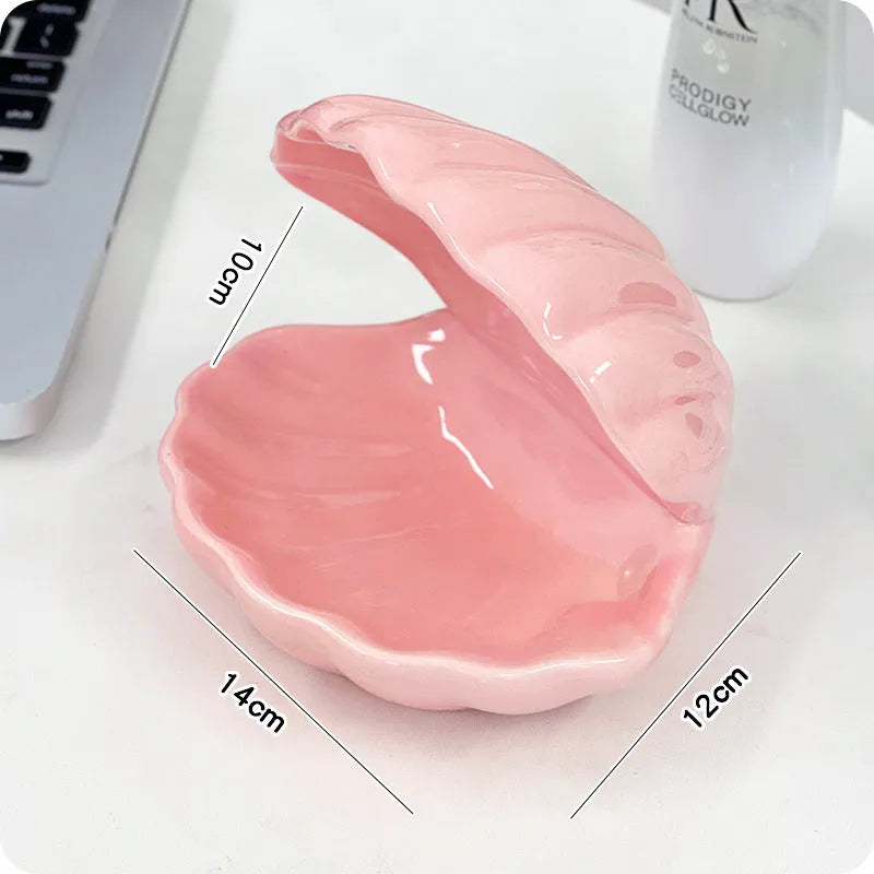 White porcelain decorative tray with integrated small night lamp, pink shell option available.