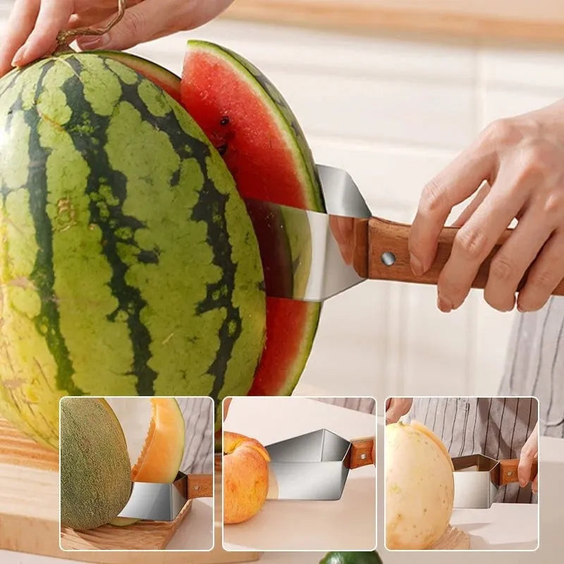 Stainless steel watermelon splitter with triangle cutting piece and protective cover on a kitchen counter.