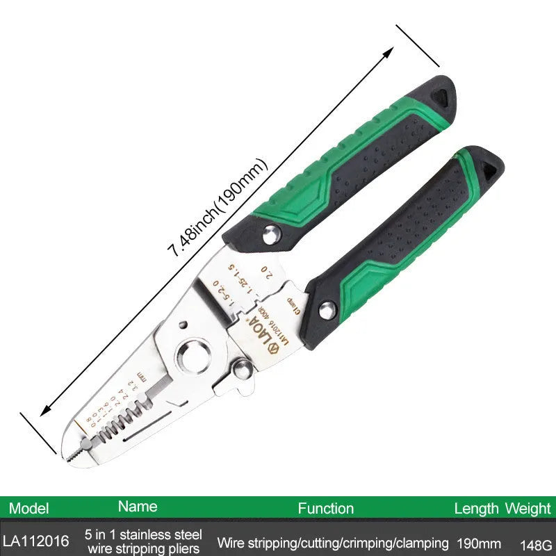 Stainless steel 7 in 1 wire stripper tool with two-colour handle and straight design.
