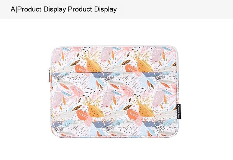 White PU leather waterproof laptop inner sleeve for 14-inch devices, shown alongside other size options.