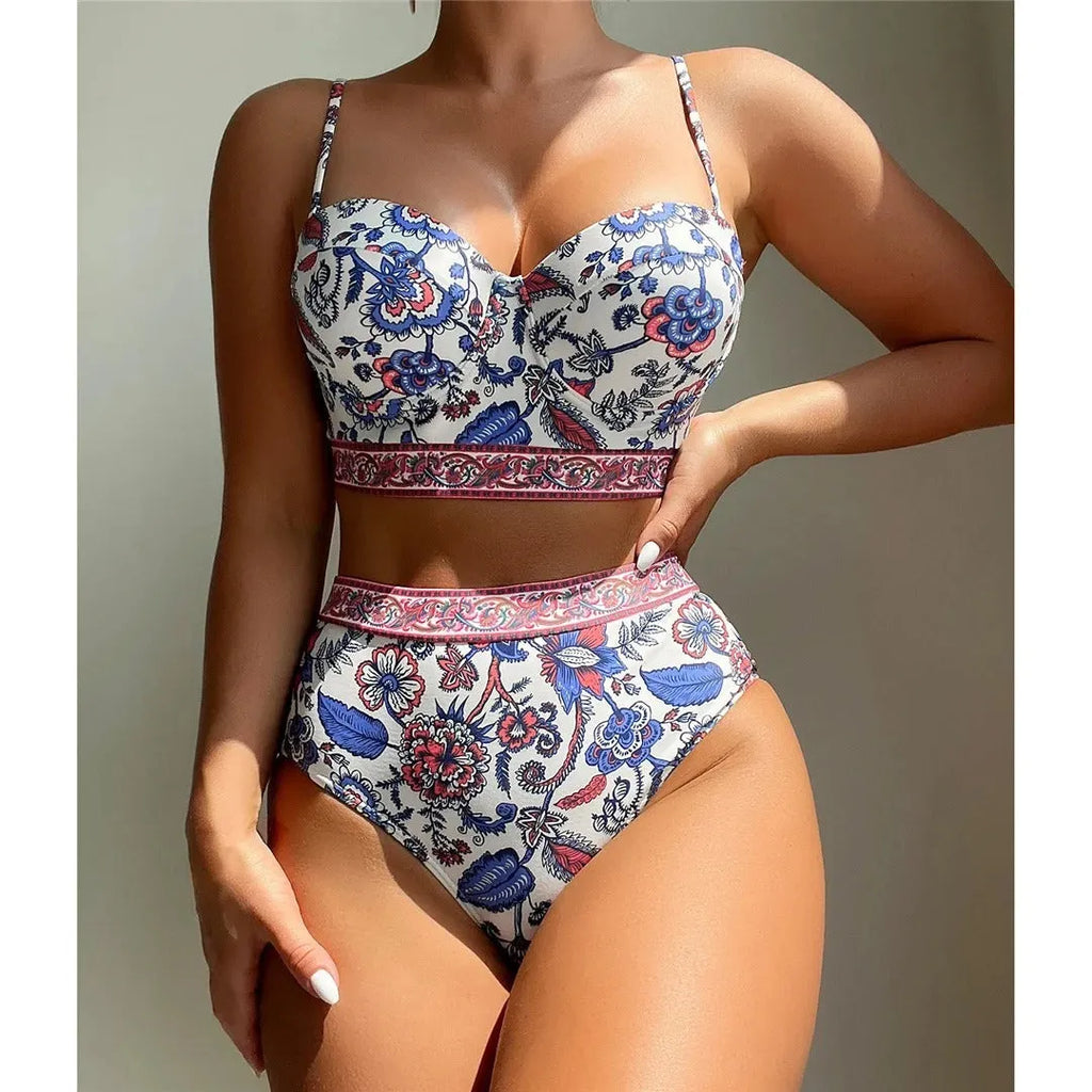 Blue women's high waist push-up bikini swimsuit with sleeveless design