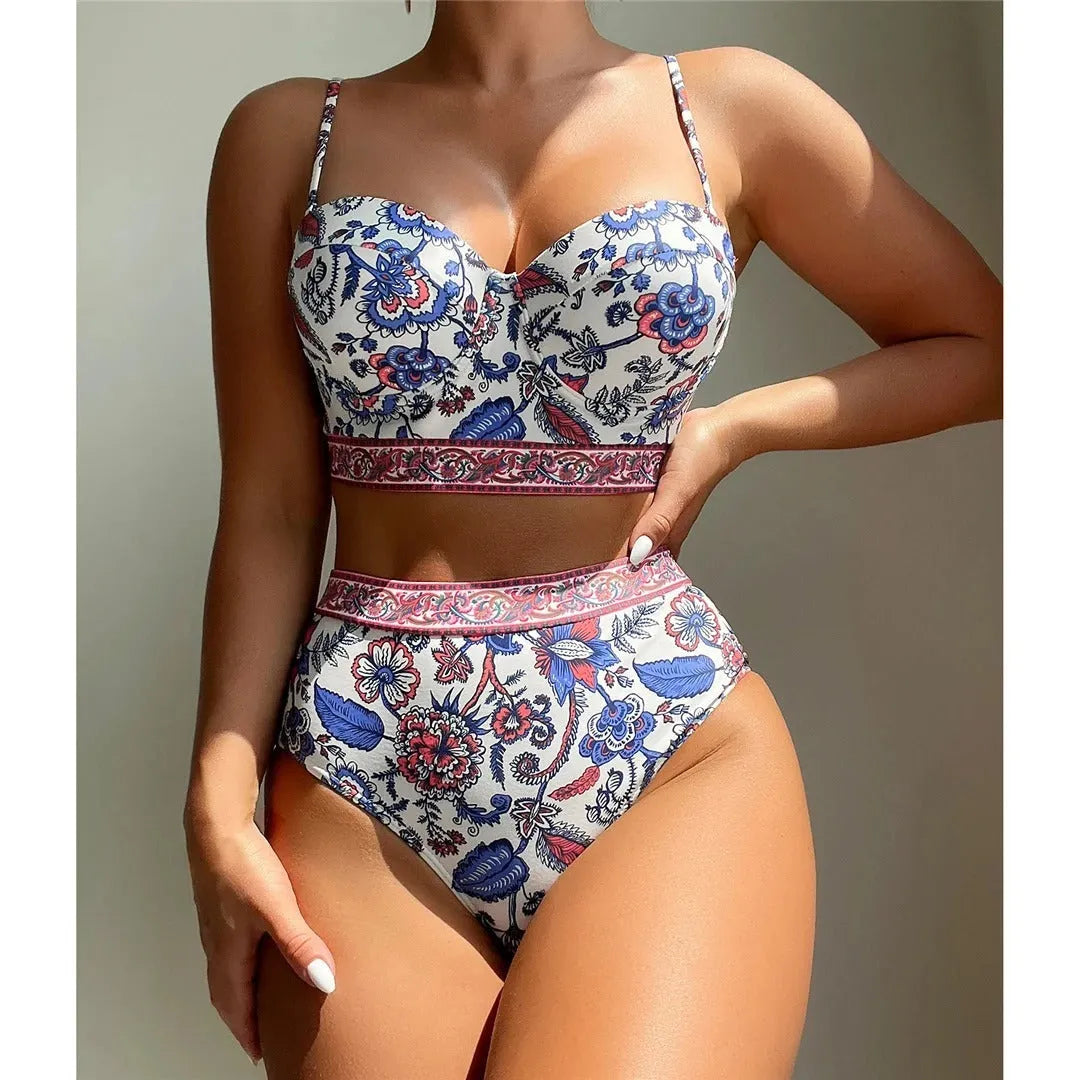 Blue women's high waist push-up bikini swimsuit with sleeveless design