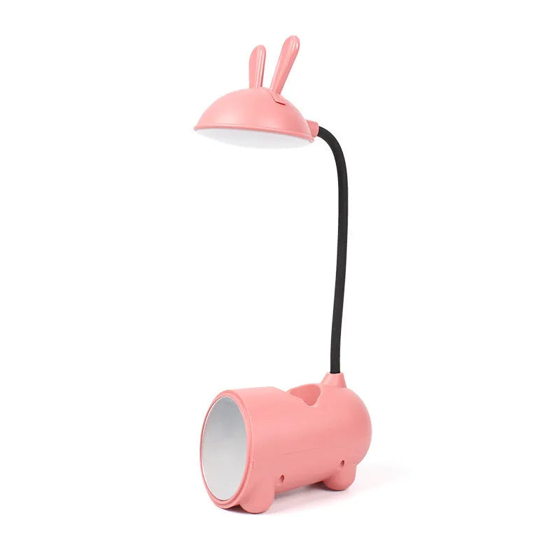 Cartoon-style USB desk lamp with pen container in green, dark blue or pink colour options