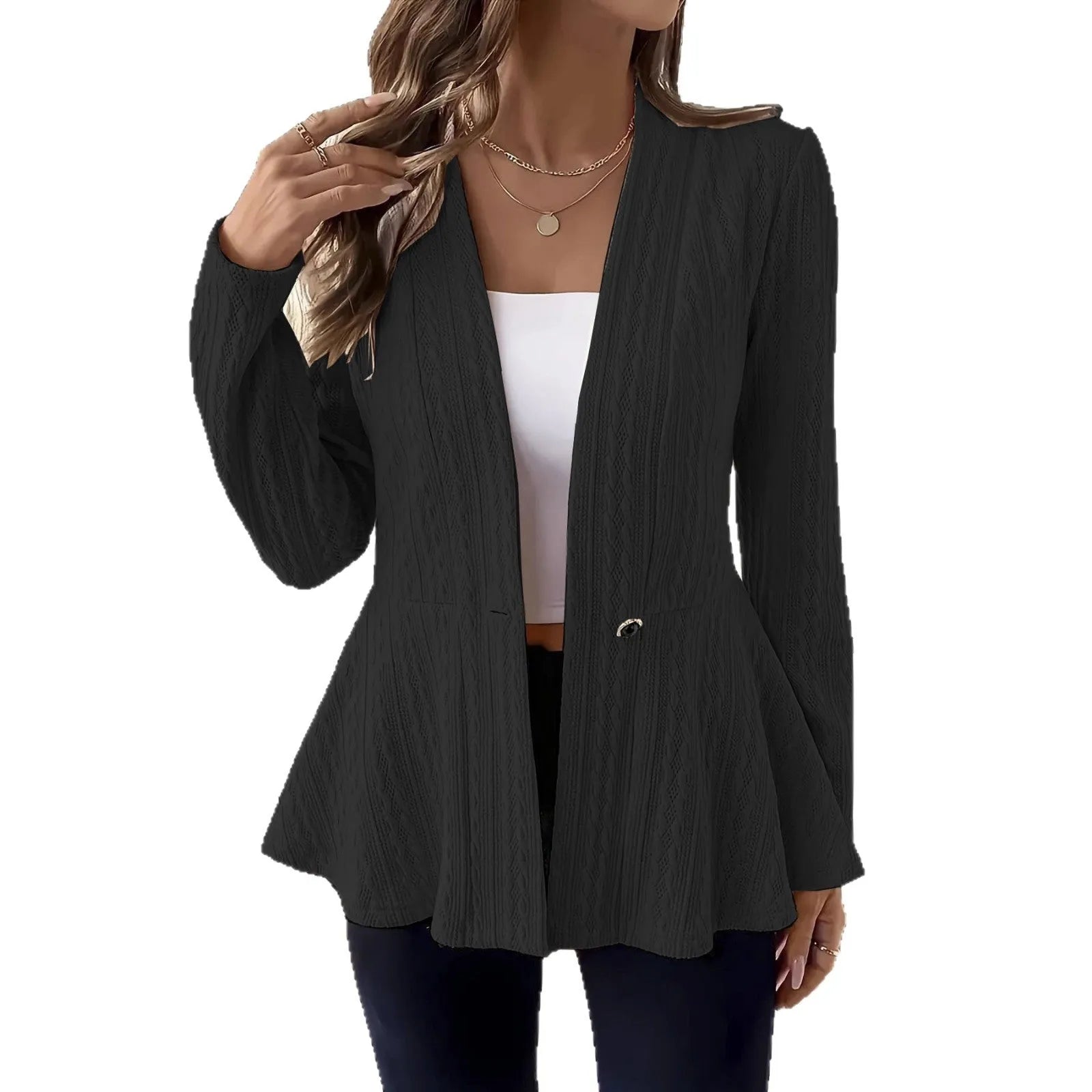 Women's fitted knitted cardigan in apricot colour with one-button fastening and jacquard pattern