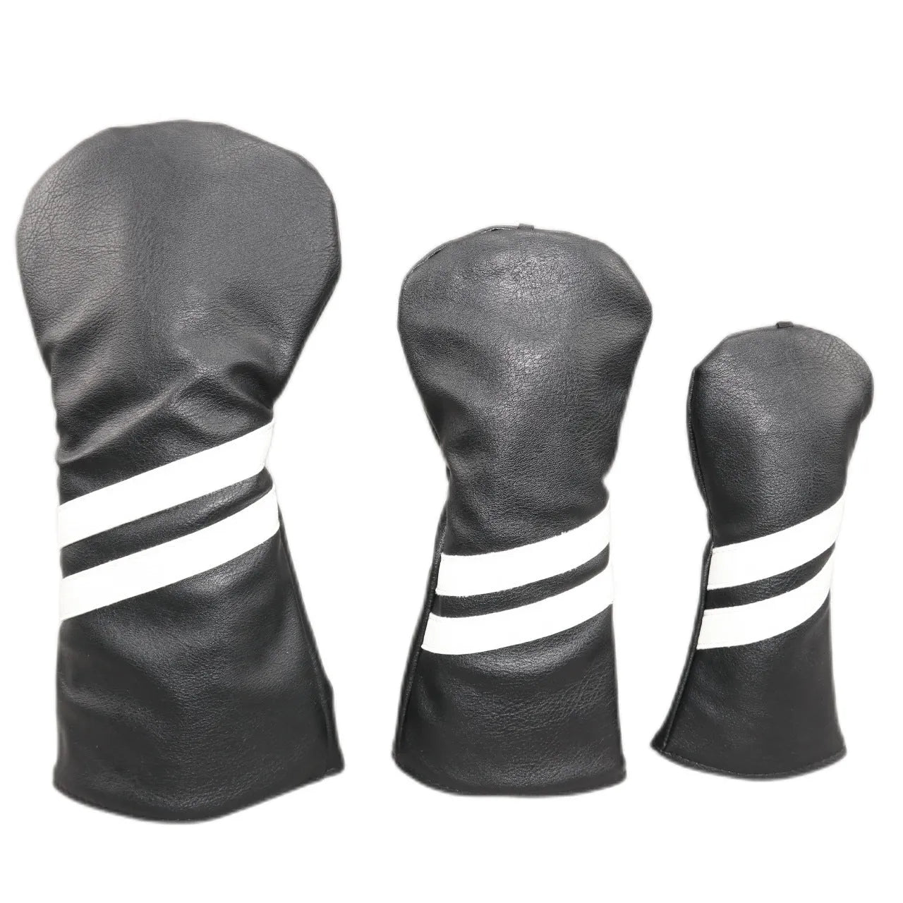 A striped PU leather golf club head cover for wood clubs, shown in blue, with size and colour options.