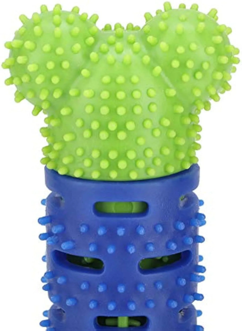 Blue green dog toothbrush chew toy with serrated cleaning head and gum massage nodules
