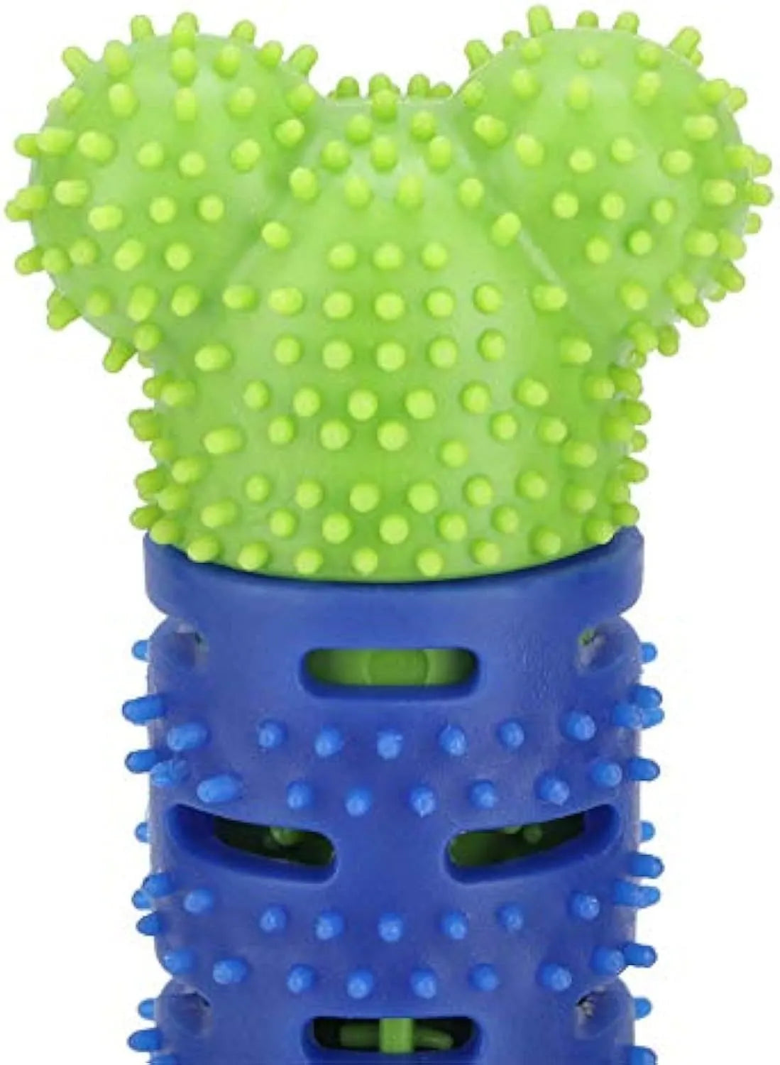 Blue green dog toothbrush chew toy with serrated cleaning head and gum massage nodules
