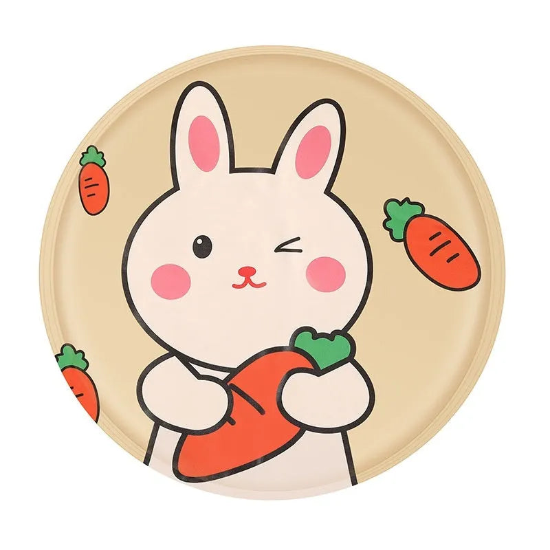 Round pet cooling mat with cartoon design, shown in beige bunny and blue cat patterns.