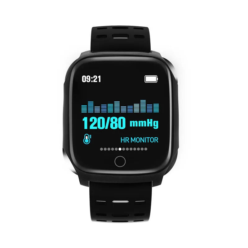 F16 Smart Watch with ECG monitor on wrist, showing black grey colour option with IPS touch screen.