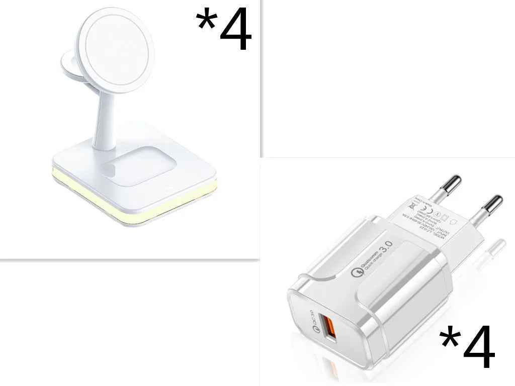 3-in-1 wireless charger magnetic bracket charging smartphone, watch, and earbuds on a desk
