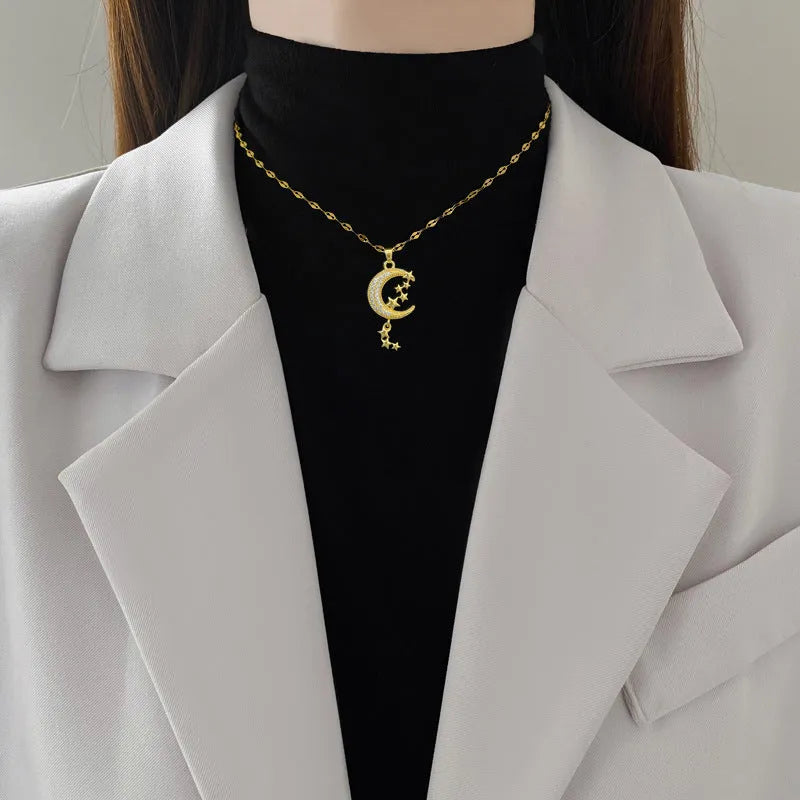 Moon tassel geometric necklace with copper pendant and stainless steel chain featuring full diamond detailing