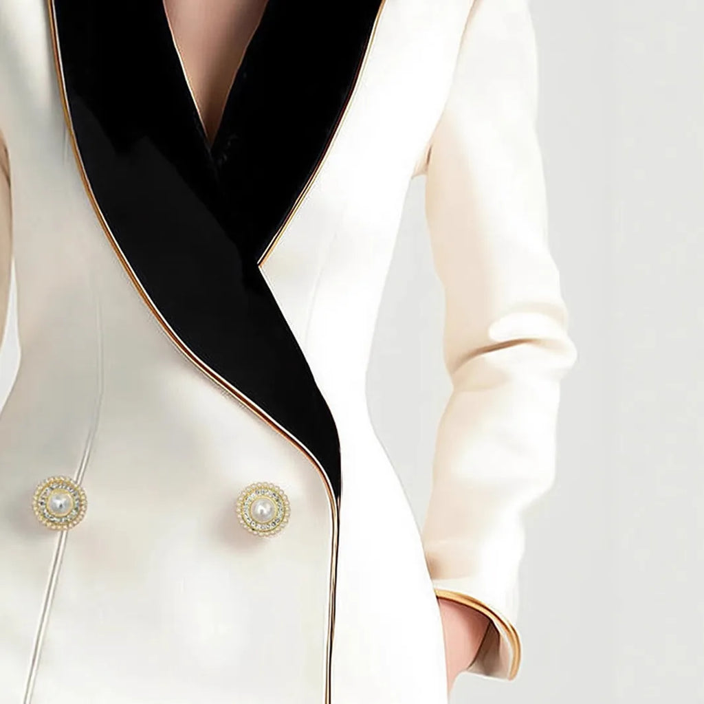 Milky white women's coat with golden edge detailing and pearl button front closure