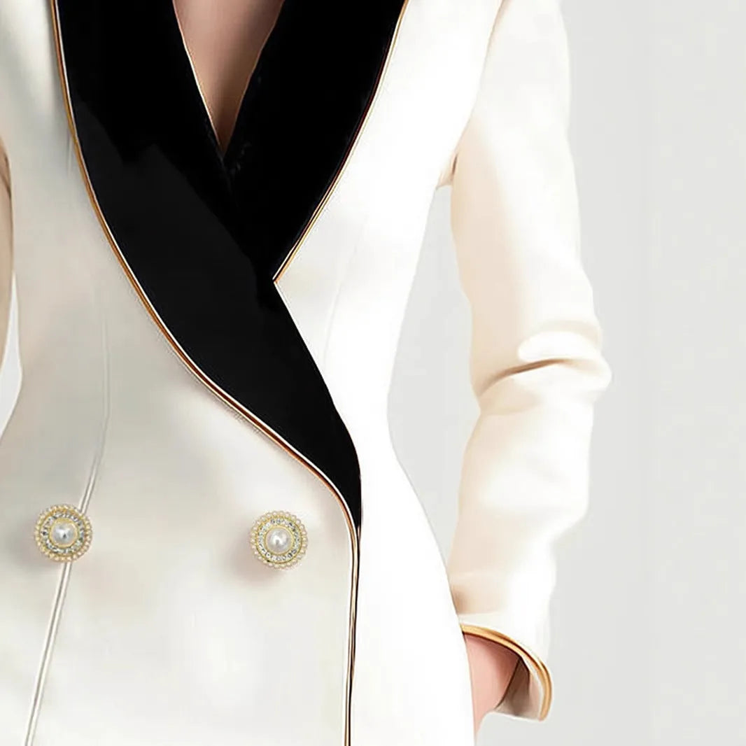 Milky white women's coat with golden edge detailing and pearl button front closure