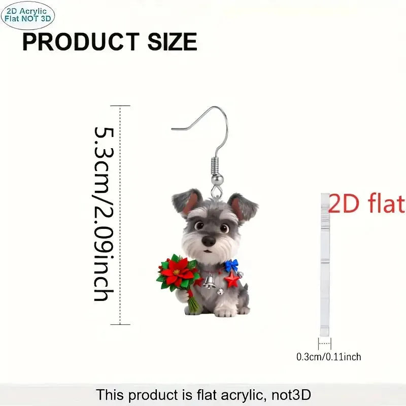 Pair of flat cartoon Schnauzer dog earrings made of acrylic in a Christmas style on white background