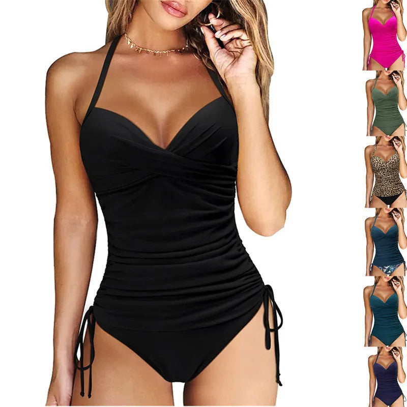 Women's high-waisted bikini set in nylon fabric shown in black, green, and leopard print colours.