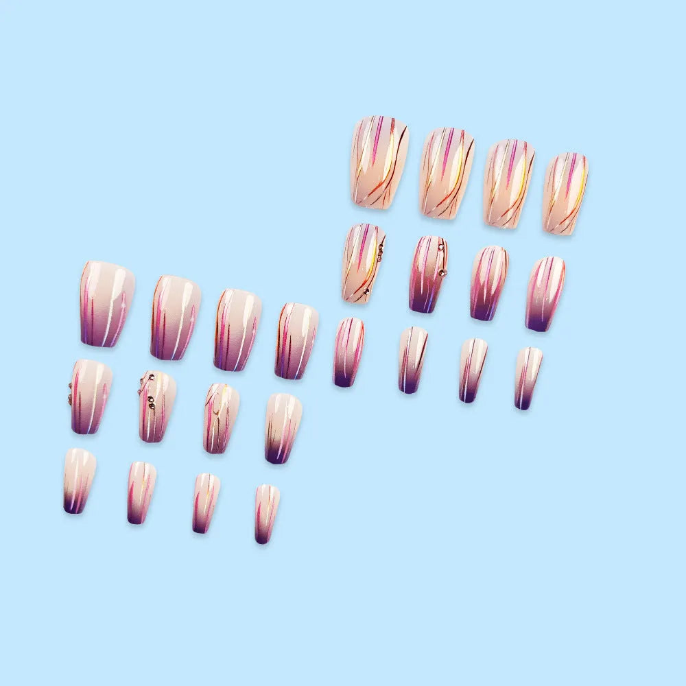 Pack of 24 magic purple gradient nail stickers with starry sky pattern and bottle of jelly glue