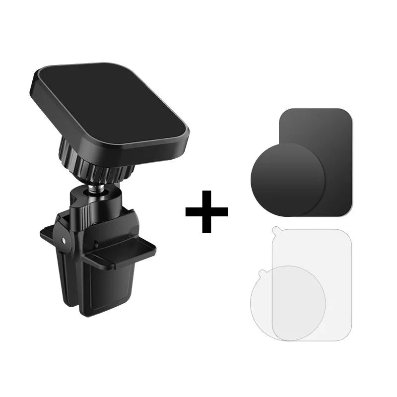 Black magnetic car phone holder attached to vehicle air vent with smartphone mounted