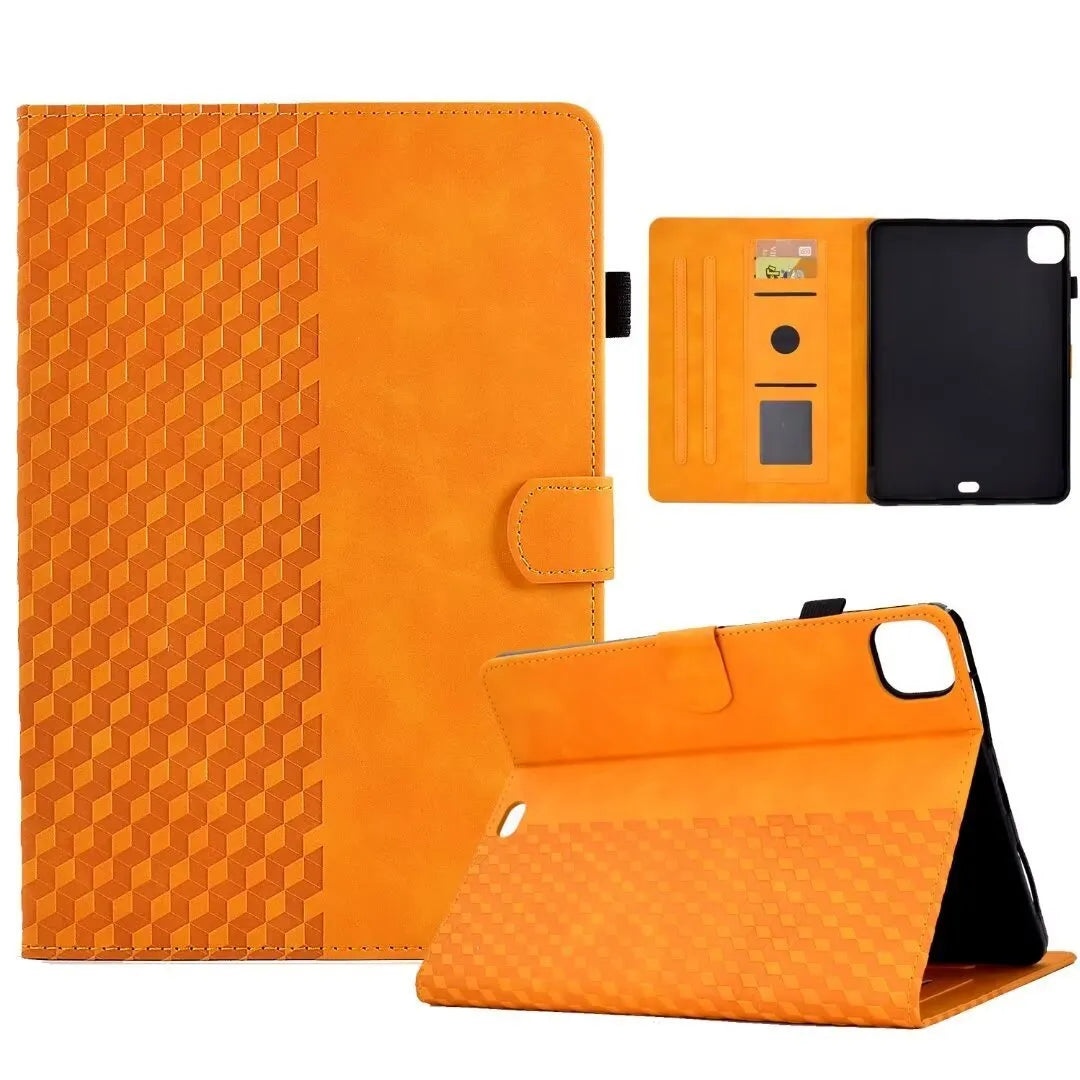 iPad Pro 11 leather case with card holder in diamond embossed green pattern, showing stand function.