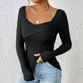 Black knitted slim-fit square neck backless long-sleeved top for women, front view on model