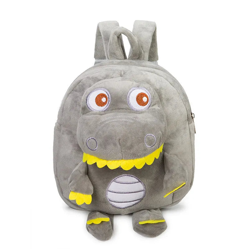 Children's dinosaur plush backpack with embroidery detail and soft handle in blue colour option