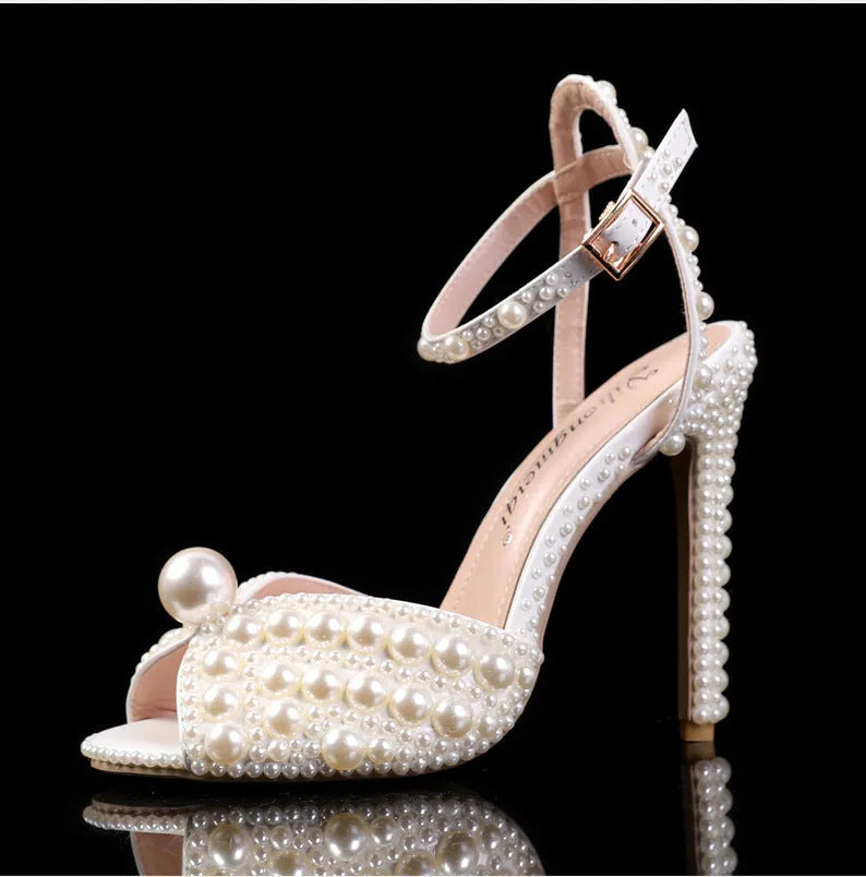 New peep-toe shallow mouth rhinestone pearl woman high-heeled shoes in beige