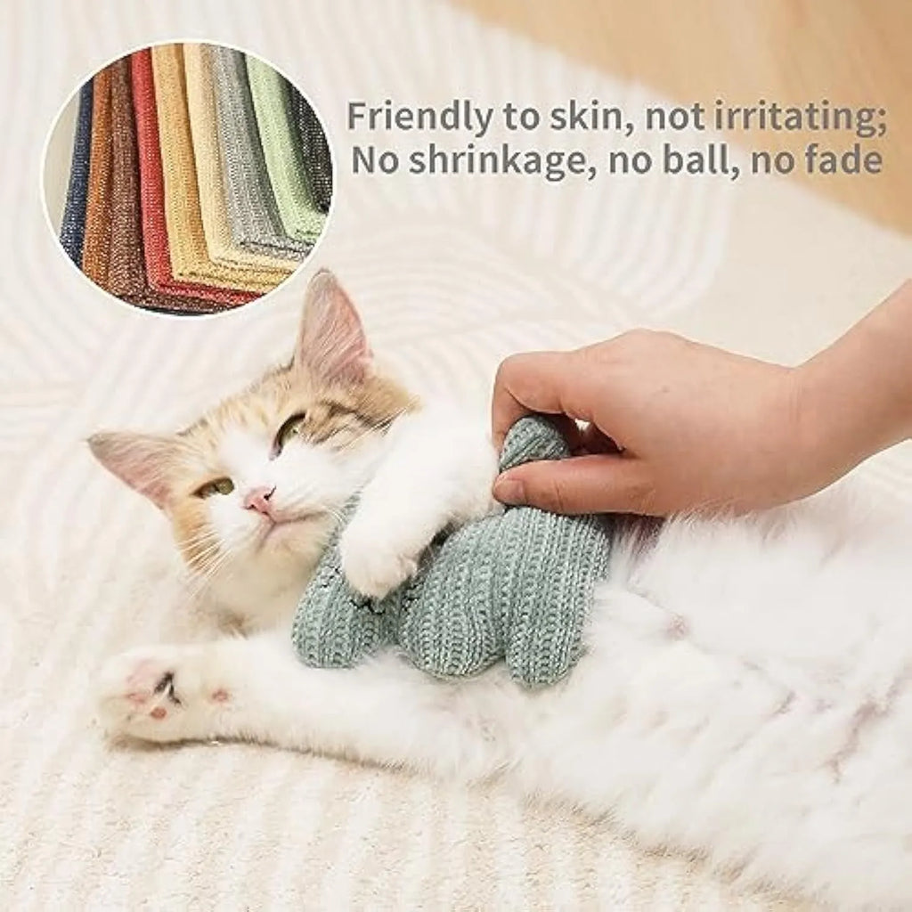 Cyan and light coffee plush rope cat toy with bell and catnip filling.