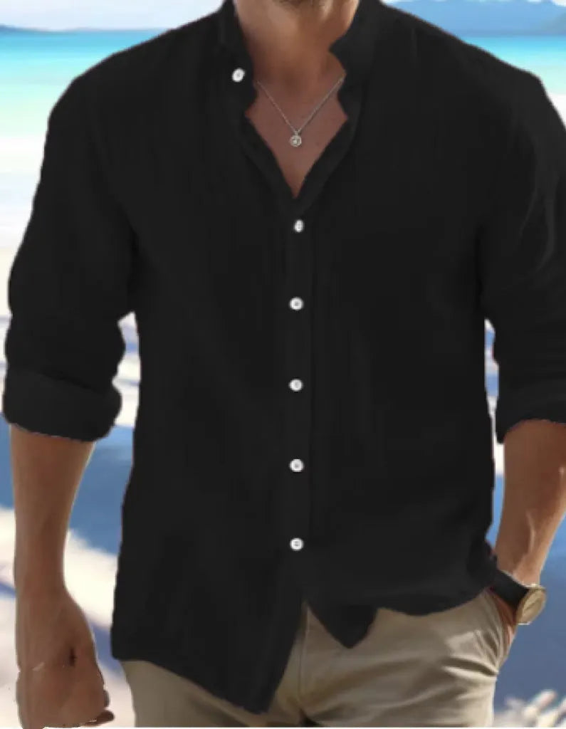 Men's white linen button-up summer beach shirt with collar on a hanger.