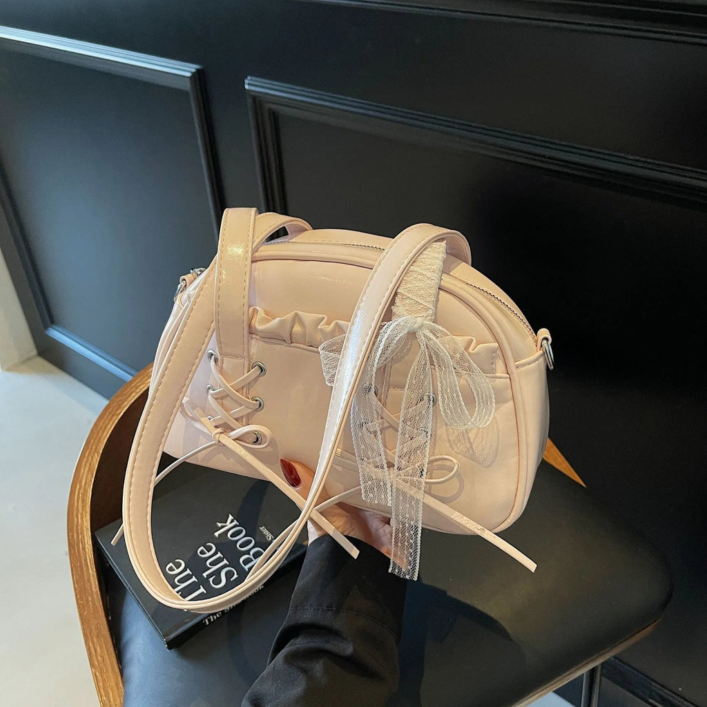 Women's bandage texture bow handbag in PU leather with shoulder strap and phone compartment