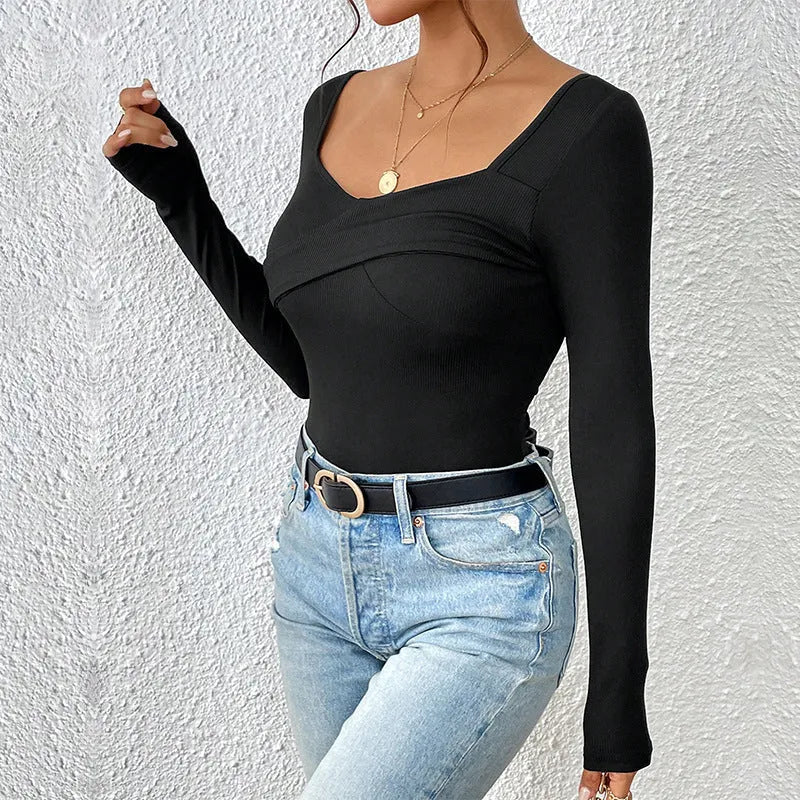 Black knitted slim-fit square neck backless long-sleeved top for women, front view on model