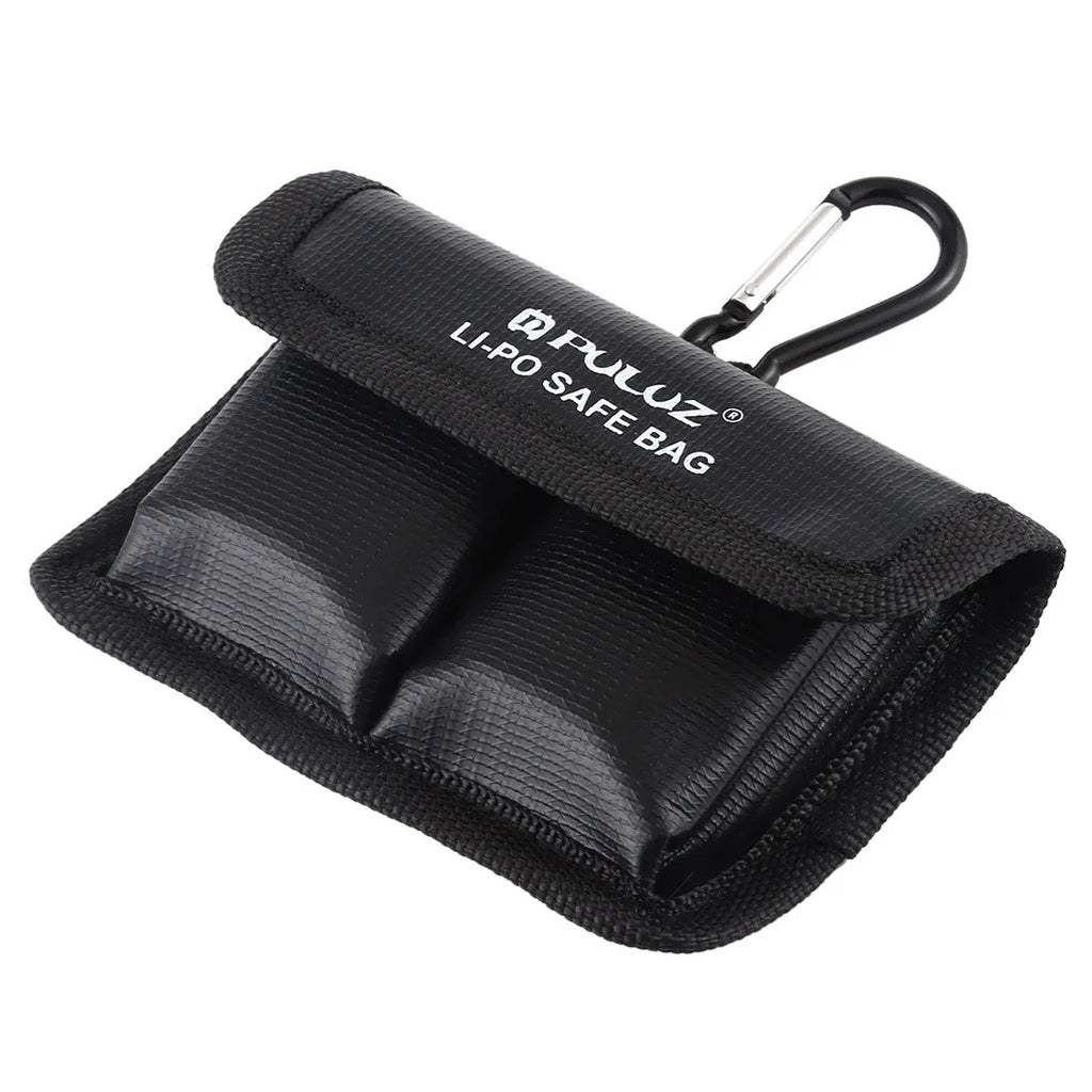 Black explosion-proof lithium battery storage bag with magic tape closure on a white background