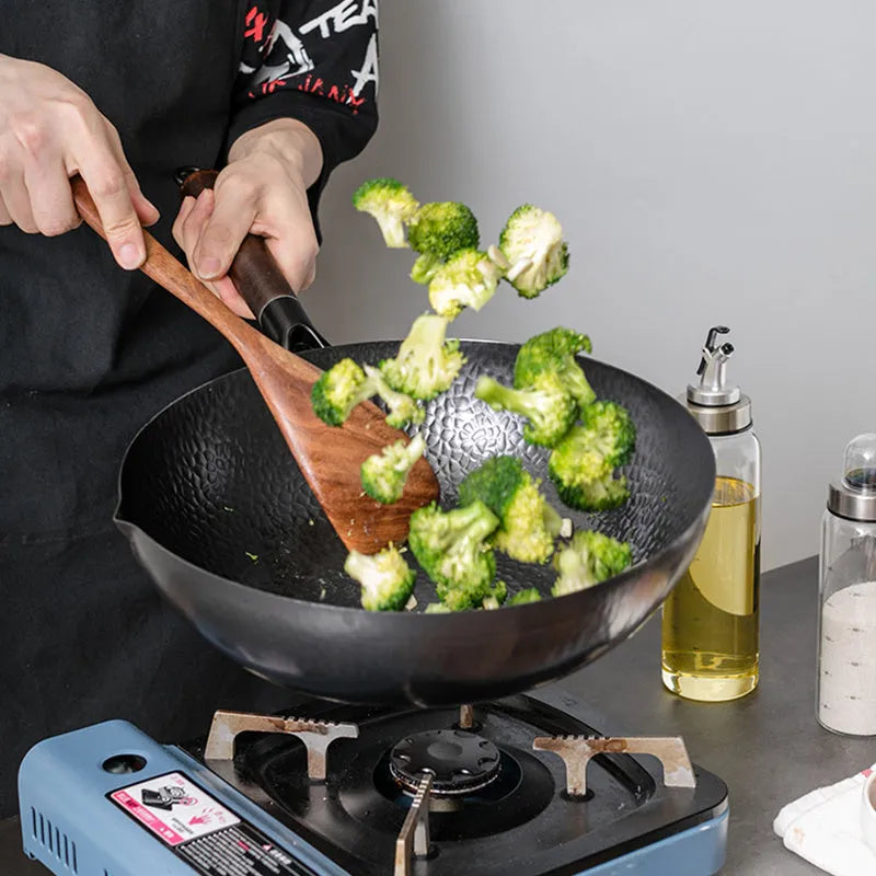 Traditional black iron wok with wooden handle, 40cm diameter, shown with glass lid option