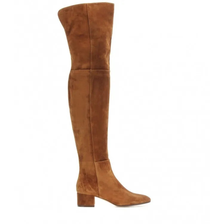 Grey suede women's over the knee flat boots with a pointed toe and thick low heel.