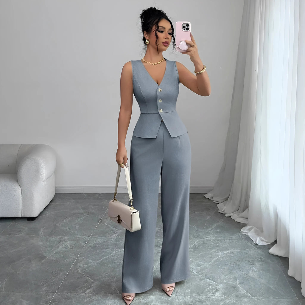 Women's sleeveless slim fit vest and high waist trousers two-piece set in solid colour