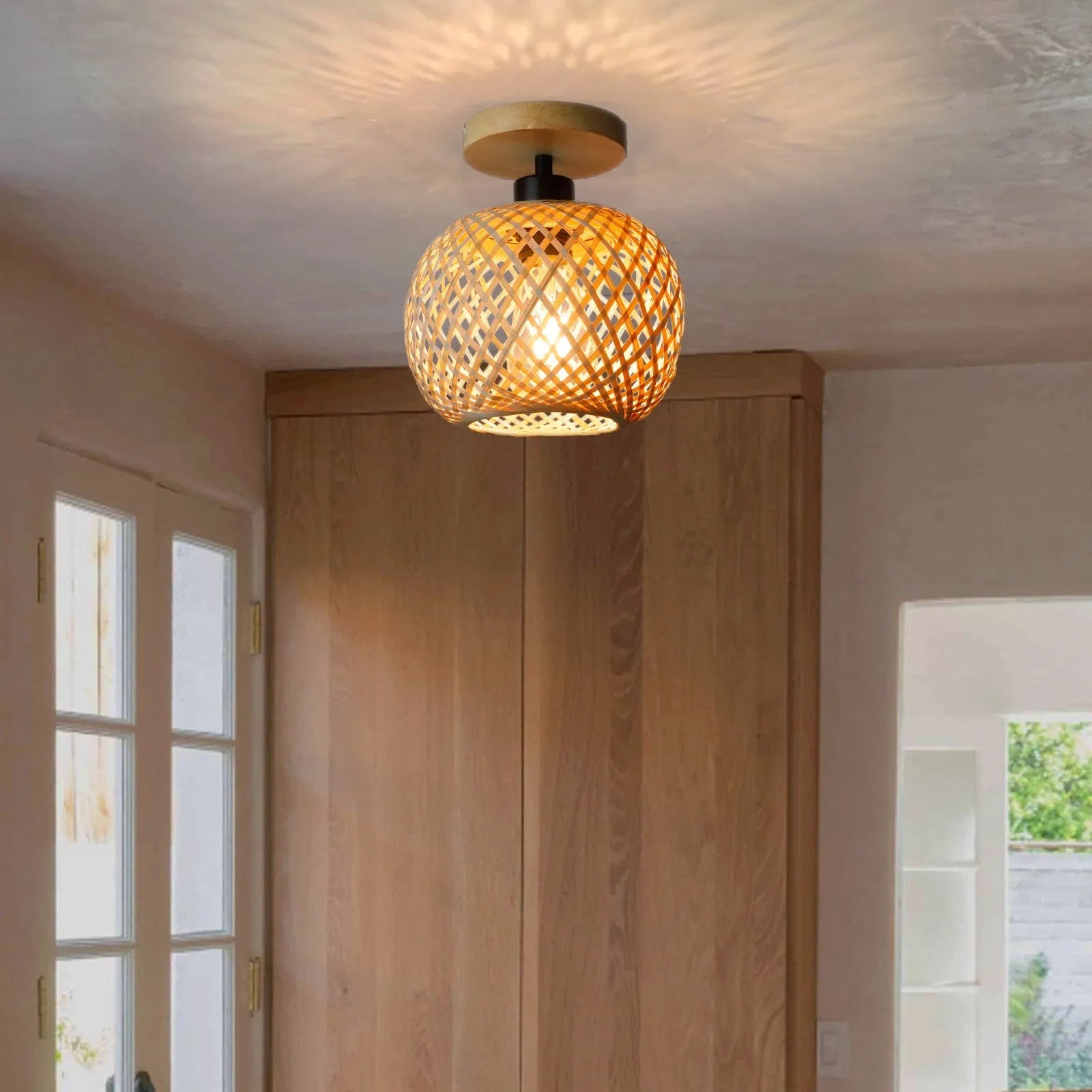 Japanese-style bamboo ceiling lamp with wood colour trim for corridor installation