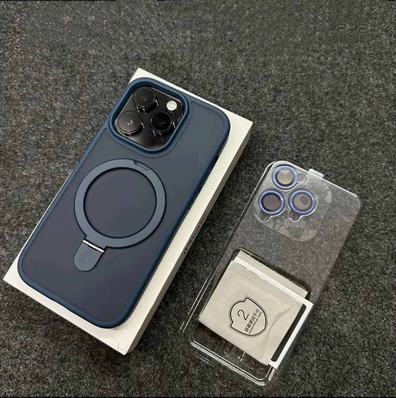 Magnetic bracket phone case with lens protector for iPhone, frosted PC, four colour options