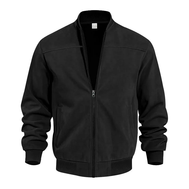 Men's plus size suede casual zip-up jacket in army green on a hanger.