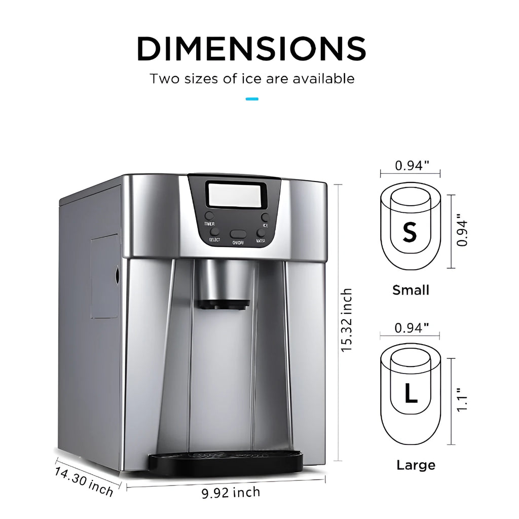 Red desktop ice maker with round ice cubes in basket, model 20E, 15kg daily capacity
