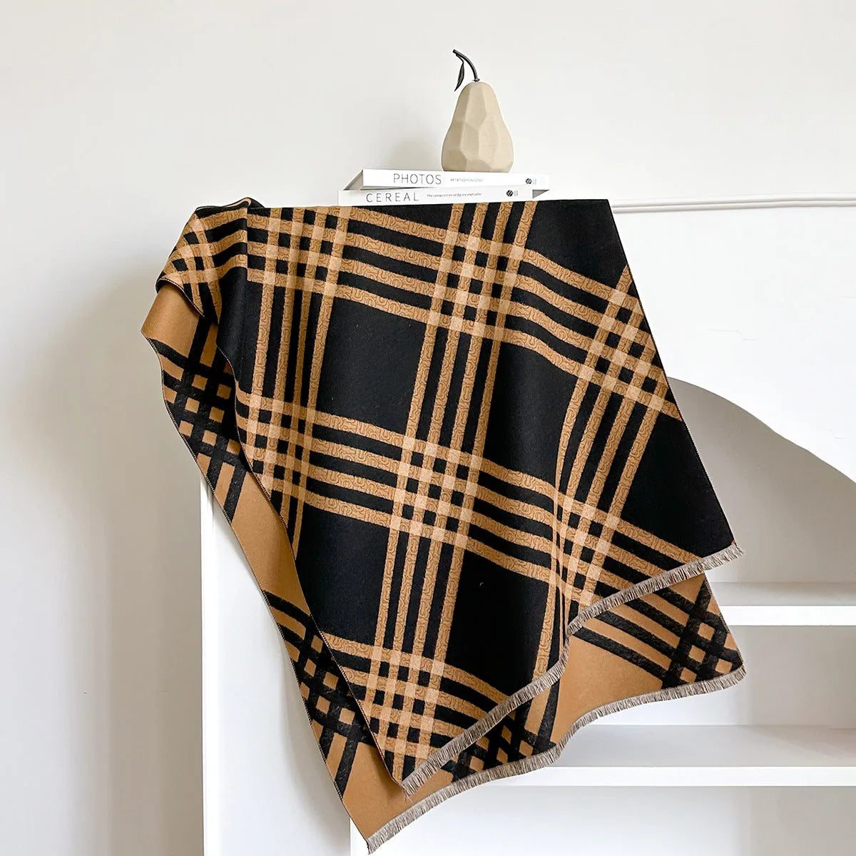 Mid-length cashmere-like scarf with tassels in brown colour showing 185cm length