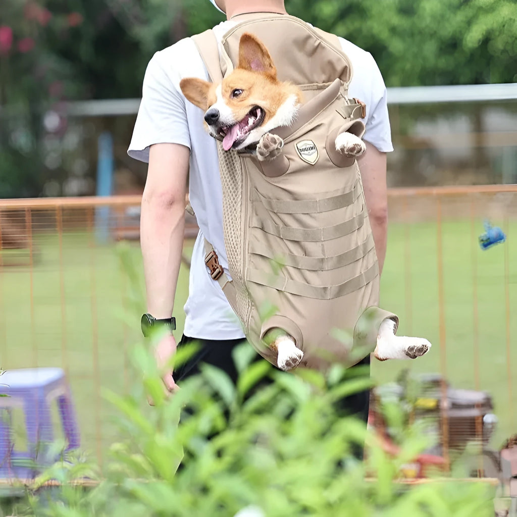 Khaki polyester pet dog backpack for medium dogs, breathable design, available in two sizes for 9-16kg pets