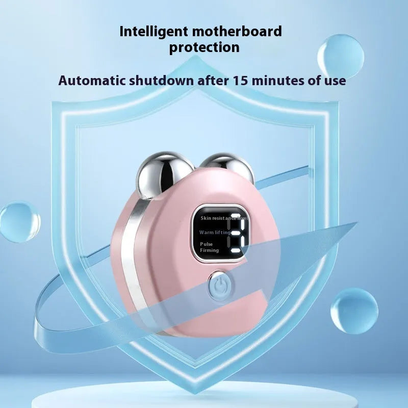 Portable white micro current facial massage instrument with double-roller head and USB charging cable.