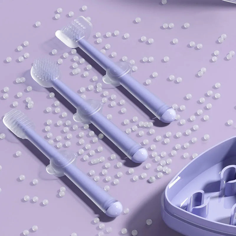 Purple silicone pet toothbrush with dual-ended design showing traditional brush head and finger brush