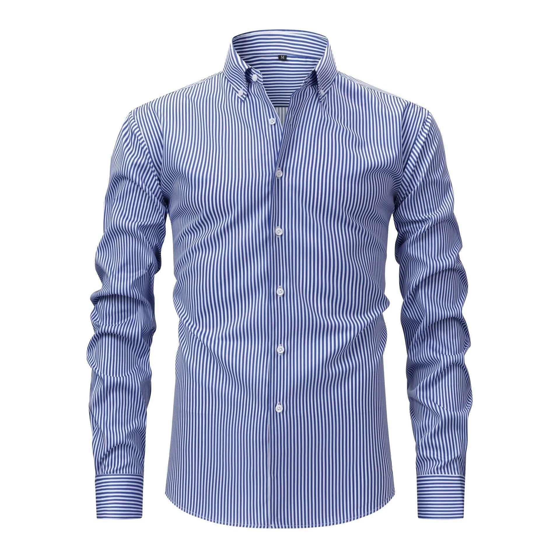 Man wearing striped long-sleeved business shirt with lapel collar in non-ironing fabric