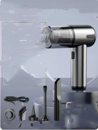 XY-2317 handheld cordless car vacuum cleaner with brush and nozzle attachments on a car seat.