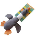 Blue duck-shaped plush dog toy with squeakers measuring 33cm long
