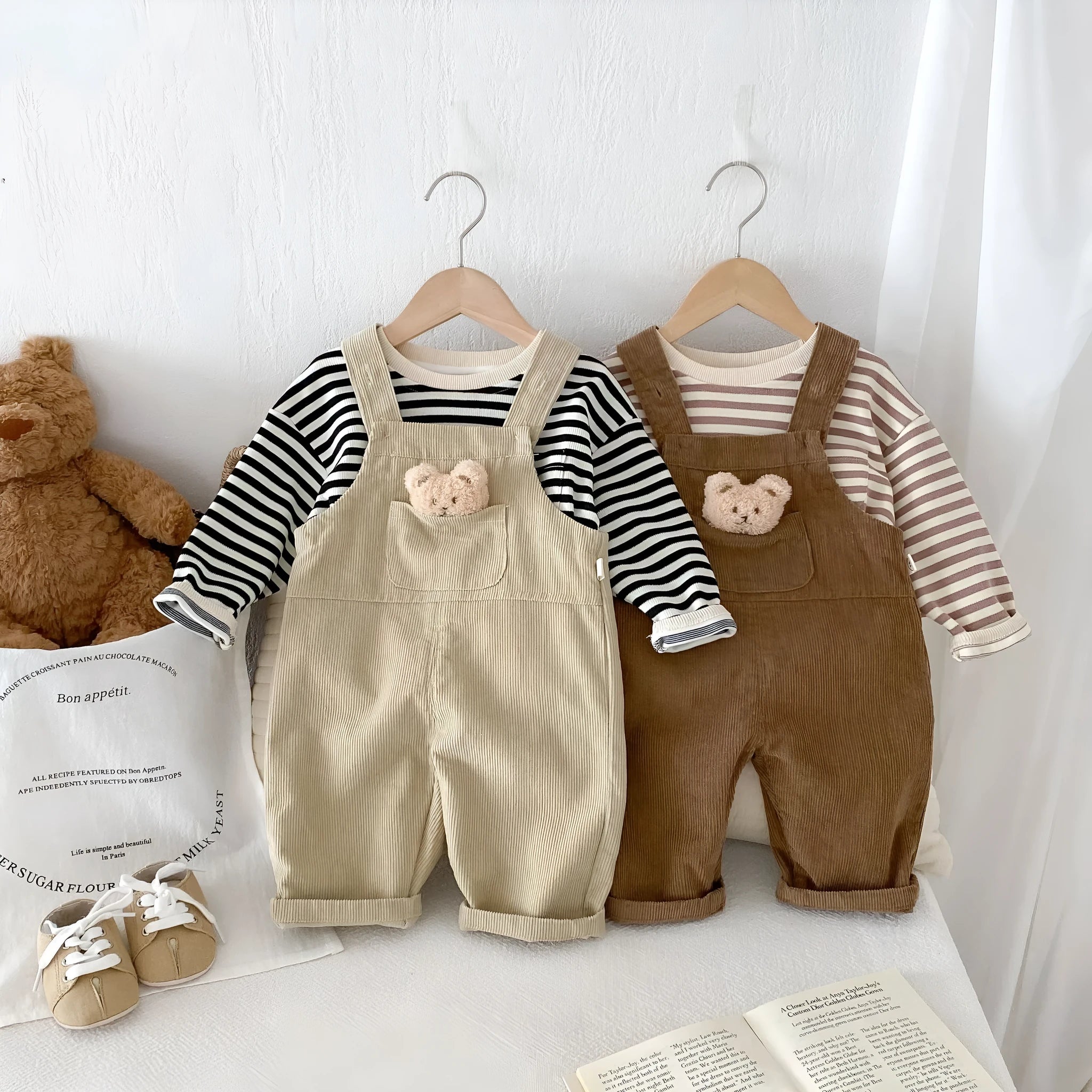 Boys' corduroy cotton bear suspender overalls in apricot solid colour spring autumn wear