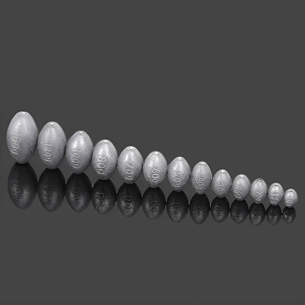 Plastic core olive lead sinker with scale tongxin pattern and rugby shape for sea fishing