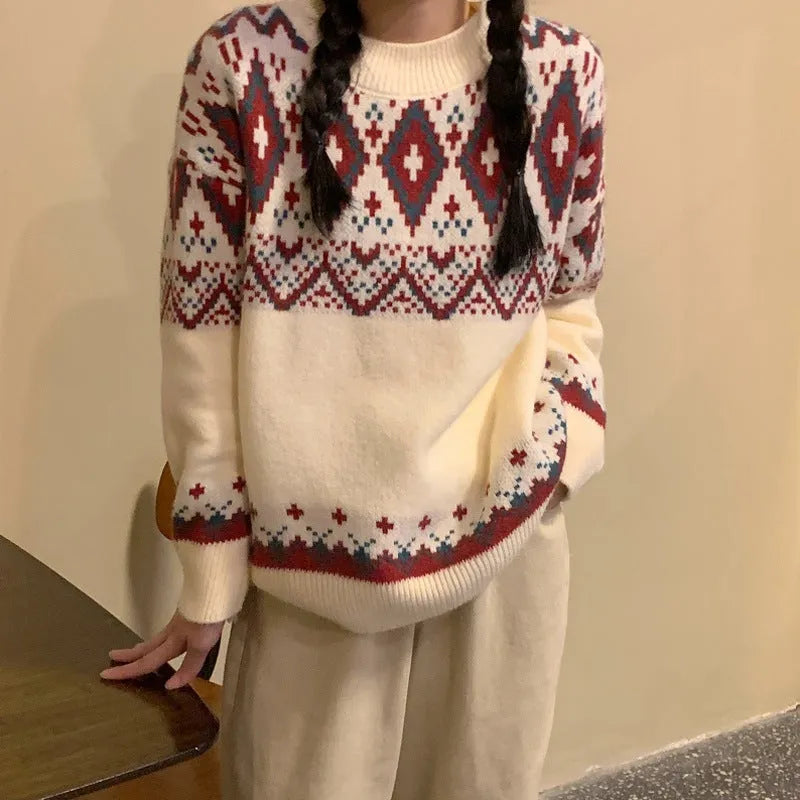 Loose retro striped pullover knitted top with long sleeves in white colour option
