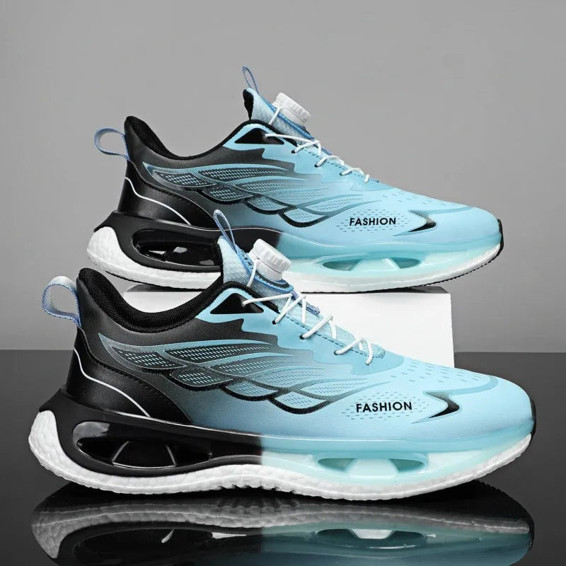 Youth casual sneaker with rotating button closure in light blue mesh and a non-slip rubber sole