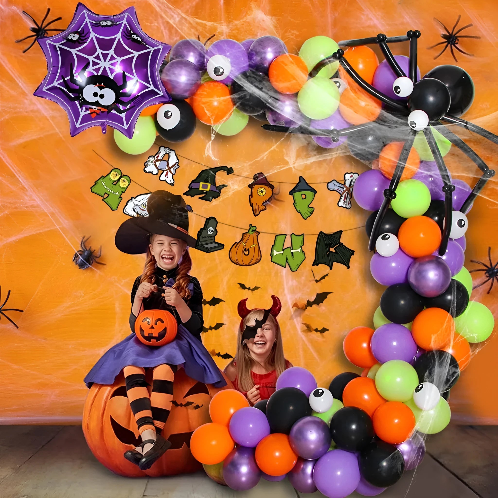 Halloween balloon combo with spider arch, skull and pumpkin designs in black and white colours